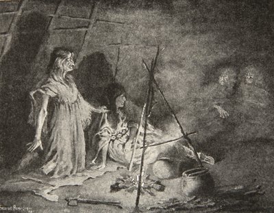 Sat down in the farthest corner, Crouching low among the shadows, from The Song of Hiawatha by Henry Wadsworth Longfellow by Frederic Remington